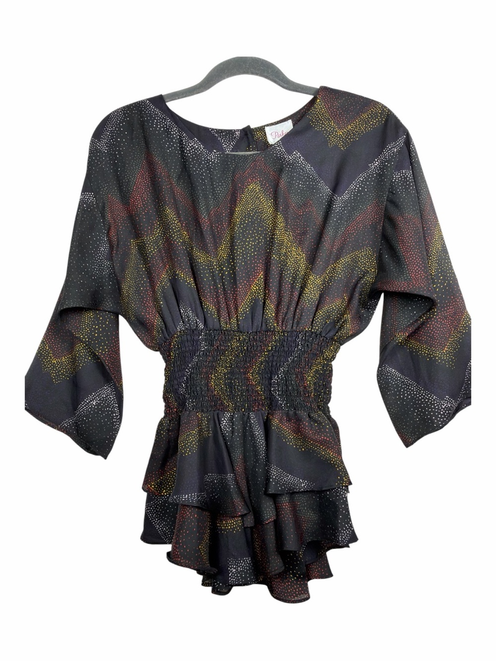 Parker Brand Women’s Ruffle Tiered Peplum Blouse With Smocked Waist Size Medium.
